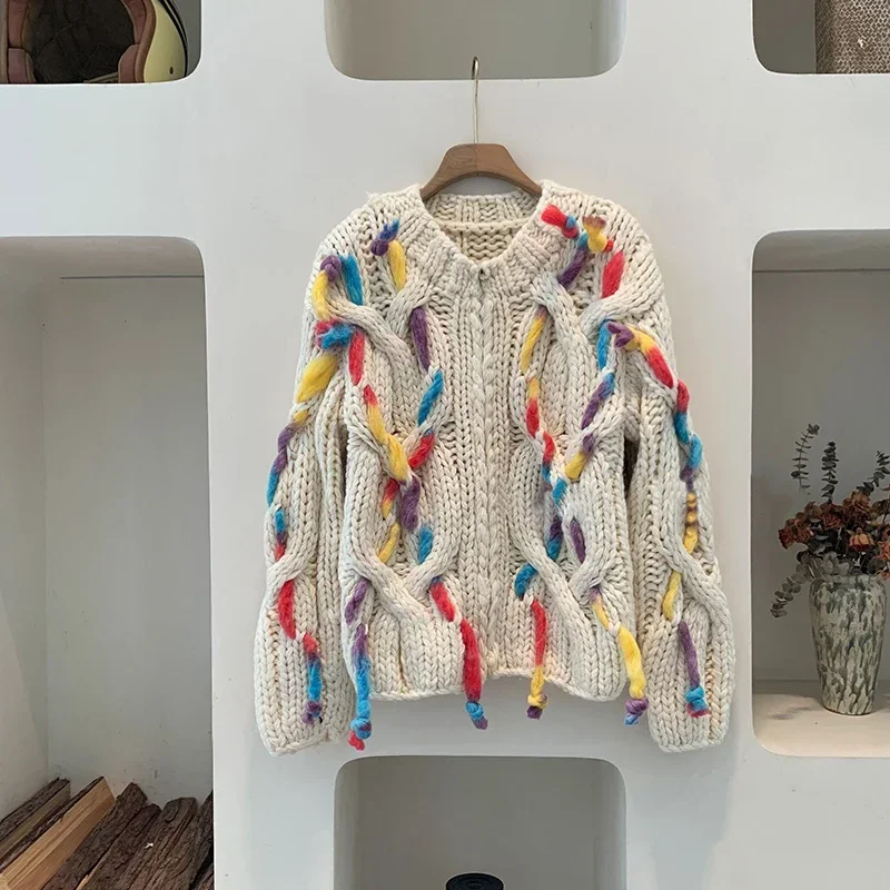 Handmade Colorful Tassel Twist Knitted Zip Cardigan Women 2024 Winter Cable Chunky Sweater Niche Design Jumper