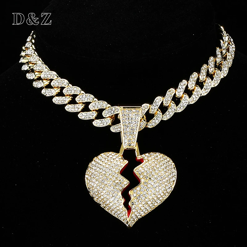 D&Z Broken Heart Pendant With 13mm Bling Rhinestones Miami Cuban Chain HipHop Iced Out Bling Necklaces Fashion Jewelry For Man