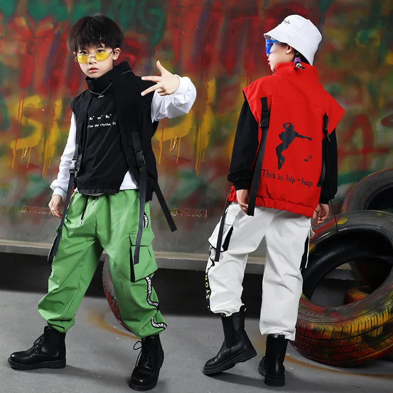 Kid Hip Hop Clothing Sweatshirt Top Streetwear Tactical Cargo Pants Sleeveless Jacket Vest for Girls Boys Dance Costume Clothes