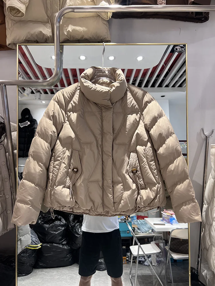 Damen Winter neuer kurzer Daunenmantel koreanische Version Stehkragen Tasche Knopfband Brot weiße Ente Daunenjacke