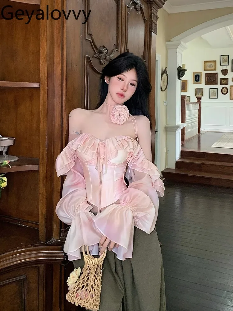 

French Pure Desire Hottie Sexy Fishbone Off-the-shoulder Top Women's Ruffle Edge High Waist Blouse Chiffon Long-sleeved Shirt