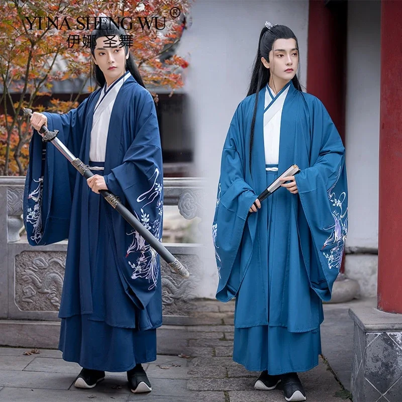 Roupas chinesas tradicionais para homens, Roupas orientais para homens, Hanfu bordado, Terno Tang Antigo, Manto de Espadachim, Terno Top e Saia