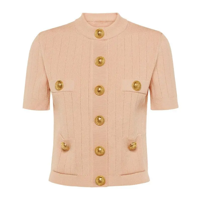 

Fashionable Women's Knitted Short Sleeve round Neck Rivet Button Top Summer New Arrival Slim Fit T-Shirt Stylish Open Cardigan