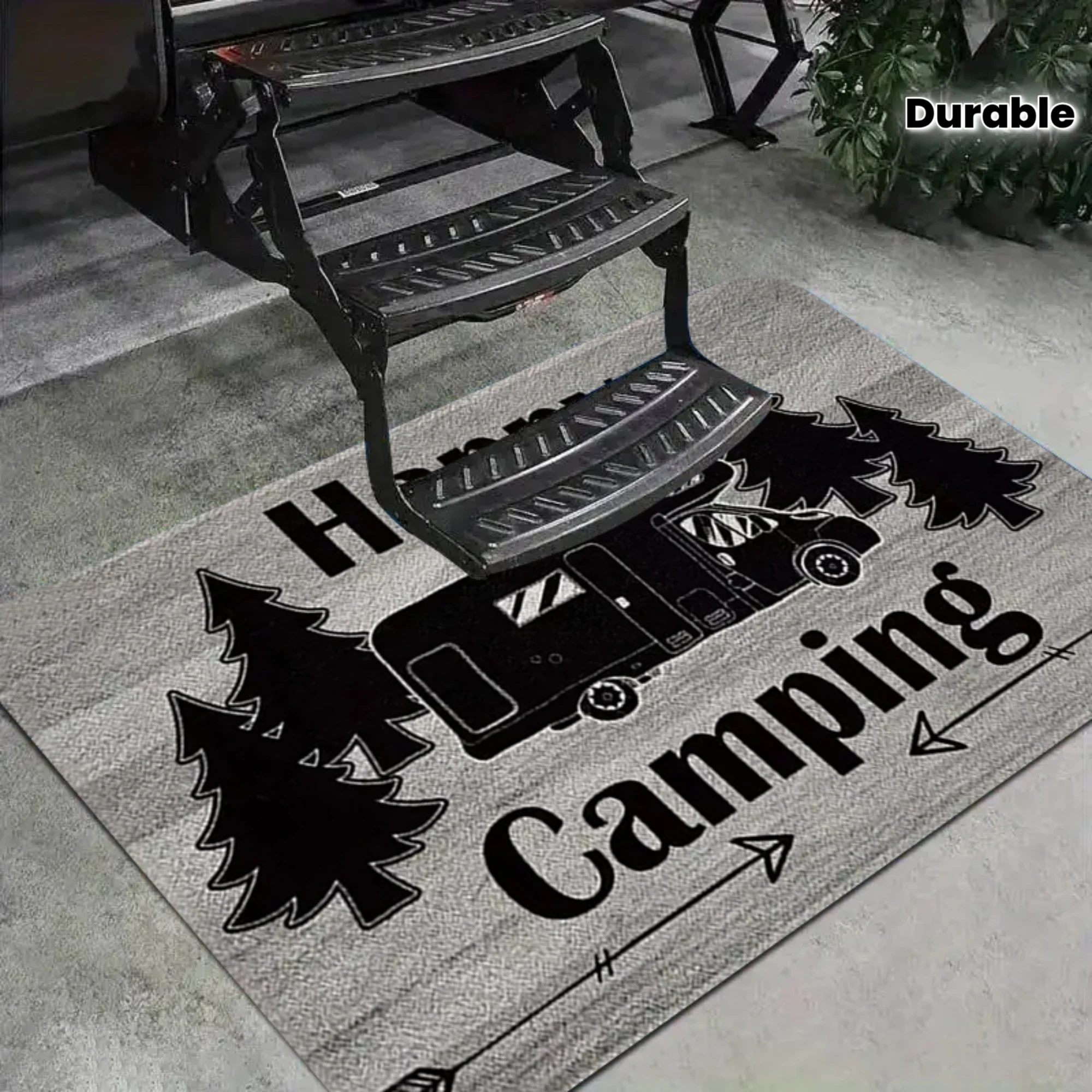 A Cheerful Camping Welcome Mat Featuring a Design of a Camper And Pine Trees, Perfect for Decorating for Family Porches, Cabin