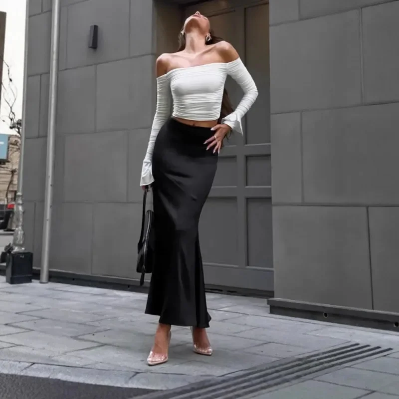 

Autumn Winter Black Long Skirt With High Waist Design Trendy Mermaid Silhouette Office Lady Bodycon Slim Elegant Daily Outfit