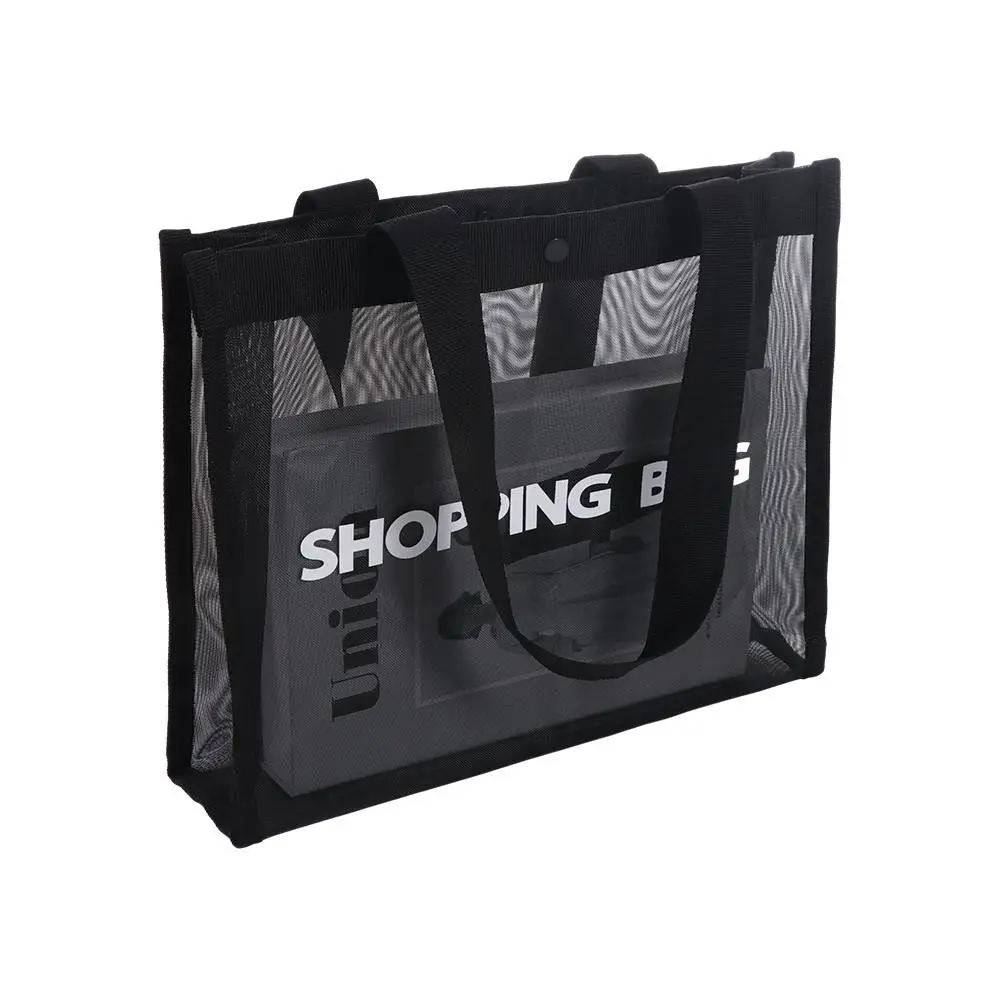 

Nylon Transparent Mesh Shopping Bag Black Single Shoulder Large Capacity Tote Bag Crossbody Bag Hasp Travel Storarge Bag Beach