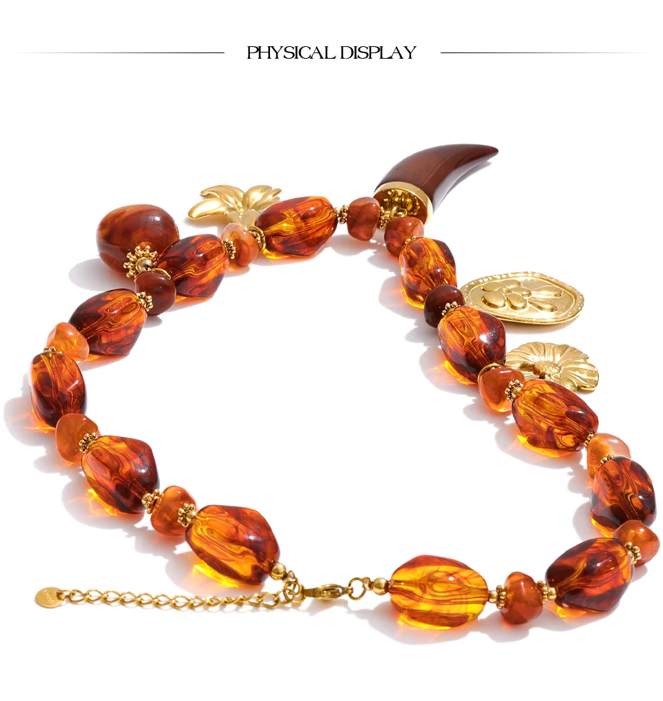 Yhpup Handgemachte Halskette Wasserdicht Bernstein Harz Perlen Kette Horn Blume Statement Halskette Edelstahl Schmuck Zubehör – Detail 3