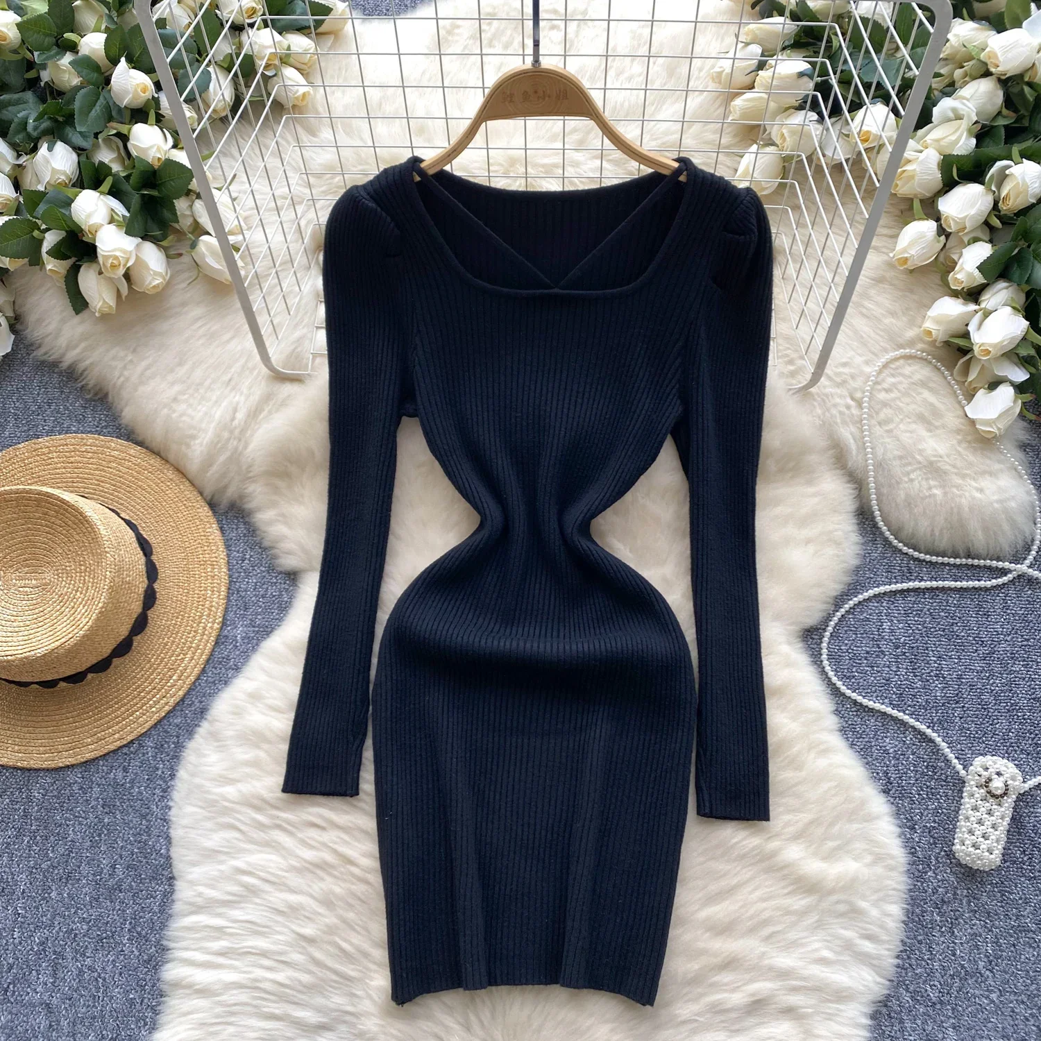 Women Knit Slim Sexy Bodycon Dress Square Neck  Long Sleeve Dress Solid Casual Midi Sweater Dress For Women 2024Autumn Winter