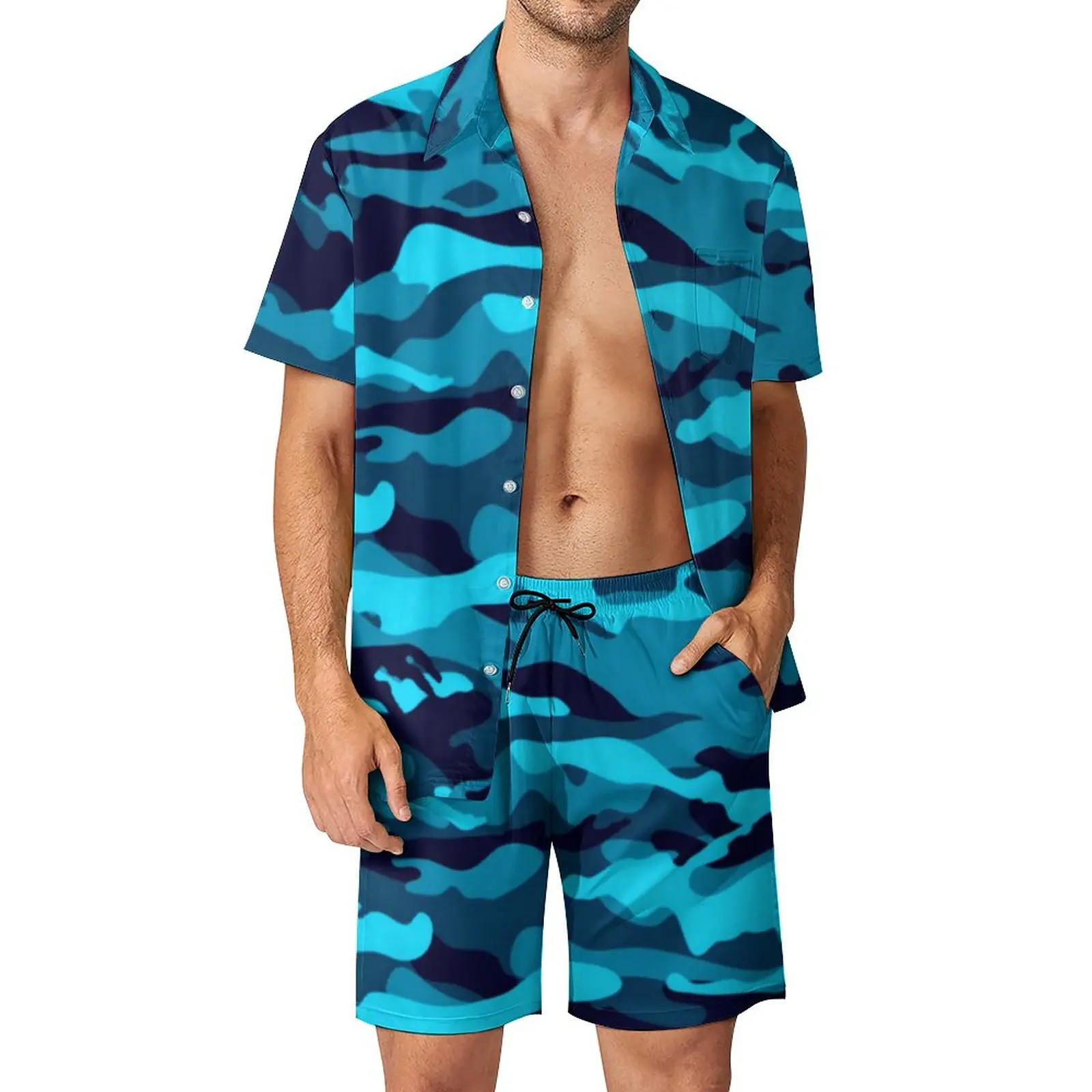 

Blue Camo Print Men Sets Colorful Camouflage Hawaiian Casual Shirt Set Short-Sleeve Design Shorts Summer Vacation Suit Plus Size