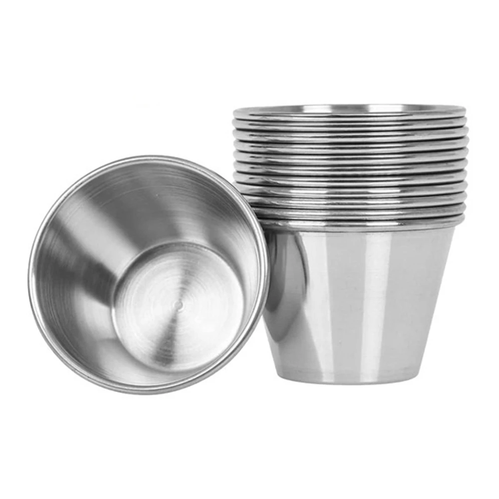 1 Pack of 10 - Premium Brushed Stainless Steel Condiment Sauce Cups Spices Pots Liquid Dips Bowls - 2.5Oz 70Ml