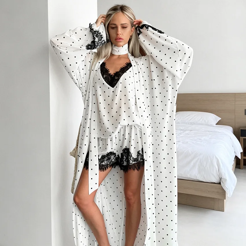 Women 3 Piece Loungewear Set 2026 Autumn Polka Dot Long Sleeve Lace Robe Sling Shorts Sleepwear Ladies Home Pajamas