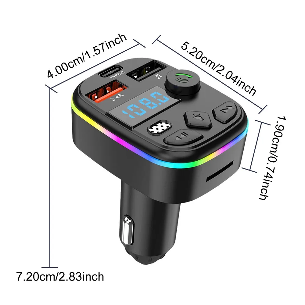 Type-C Wireless Light Handsfree PD QC3.0 Bluetooth PD Type-C Dual USB Ambient Player 5.0 Car FM Transmitter MP3 Charger