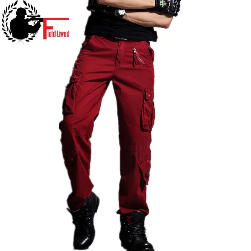 

2024 Mens Cargo Pants Army Multi Pocket Loose Cotton Casual Straight Leg Trouser Male Overalls Military Tactical Khaki Red Green