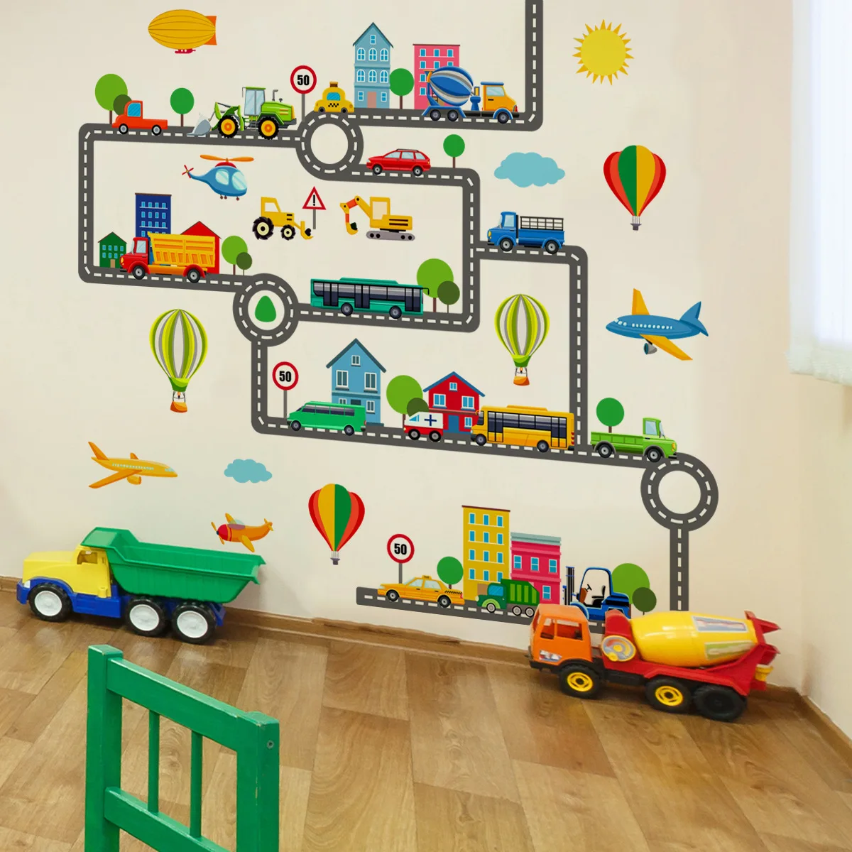 Cartoon Road Car Airplane Hot Air Balloon Wall Stickers Boys Child Baby Bedroom Wall Sticker Kindergarten Wallpaper Home Decals