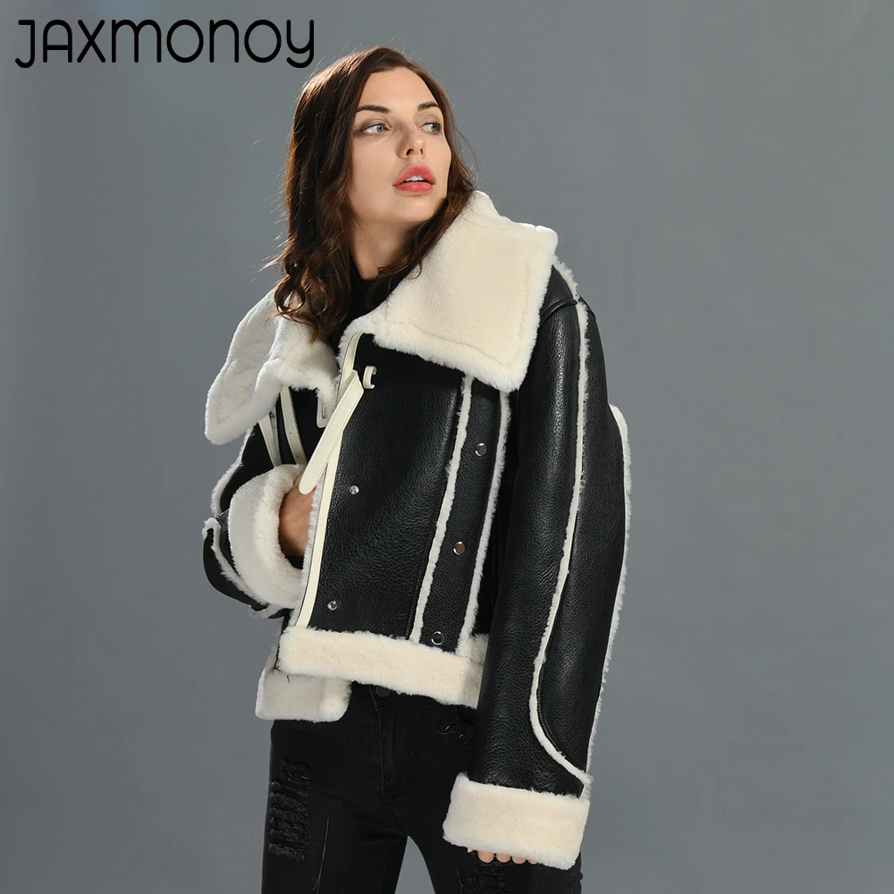 Jaxmonoy Women Shearling Coat Genuine Leather Jacket Ladies Double Face Sheep Fur Toscany Sheepskin Outerwear 2022 New Warm Coat