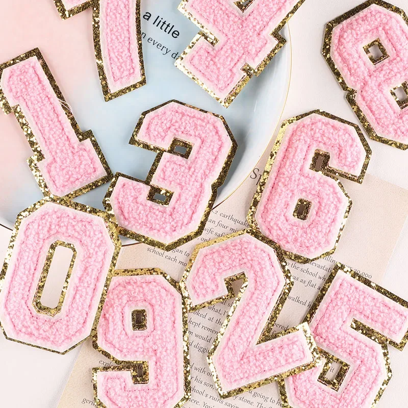 FZdiy Numerals Patches Glitter Gold Clothing Patch Tower Embroidery Applique Small Size Felt Fabric Chenille Patches