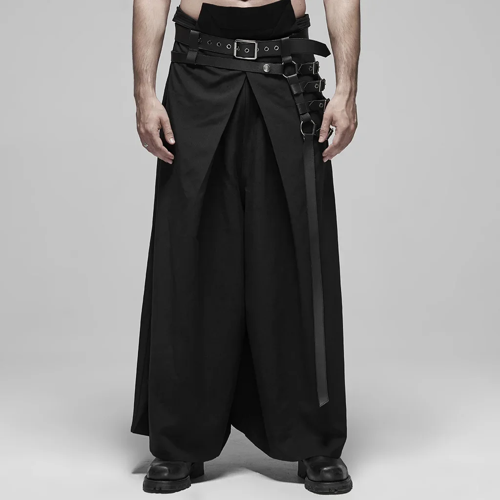 

PUNK RAVE Men's Punk Black Japanese Kimono Style Shuttle Fabric Warrior Pants Metal Adjusting Buckle Stage Performance Trousers