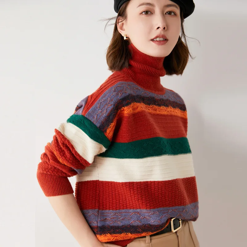 

MRMT 2024 Brand New Women's Fashion Thick Knit High Neck Contrast Striped Sweater Women's Loose Base Shirt