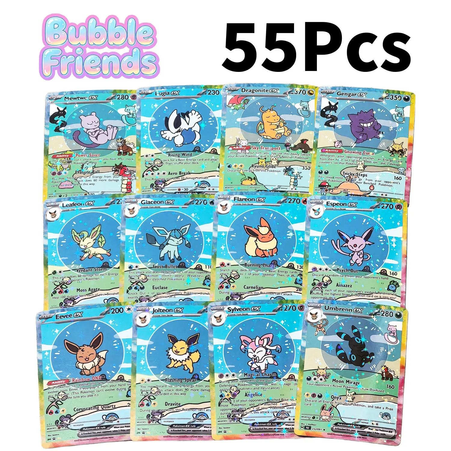 55 Stück Niedliche DIY-Karten Proxy Poke My Bubble Friends Holografische Anime-Version Pocket Monster Sammelkarten Eevee Charizard