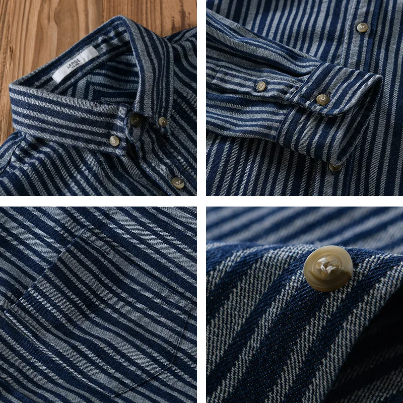 Spring Fashion Men's Vintage Classical Striped Shirt Business Casual Long Sleeve Simple Loose Basics Blouses Handsome Denim Tops