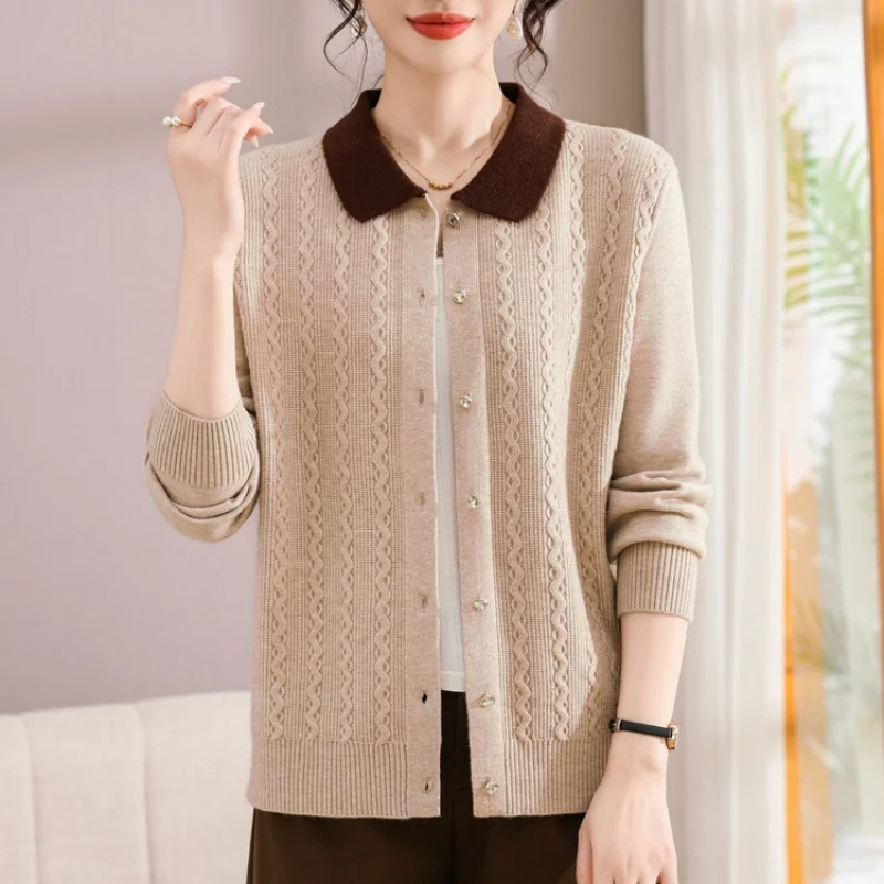 

Модный шерстяной свитер для мам с отложным воротником, кардиган, женский осенне-зимний короткий вязаный длинный свитер большого размера для женщин среднего возраста