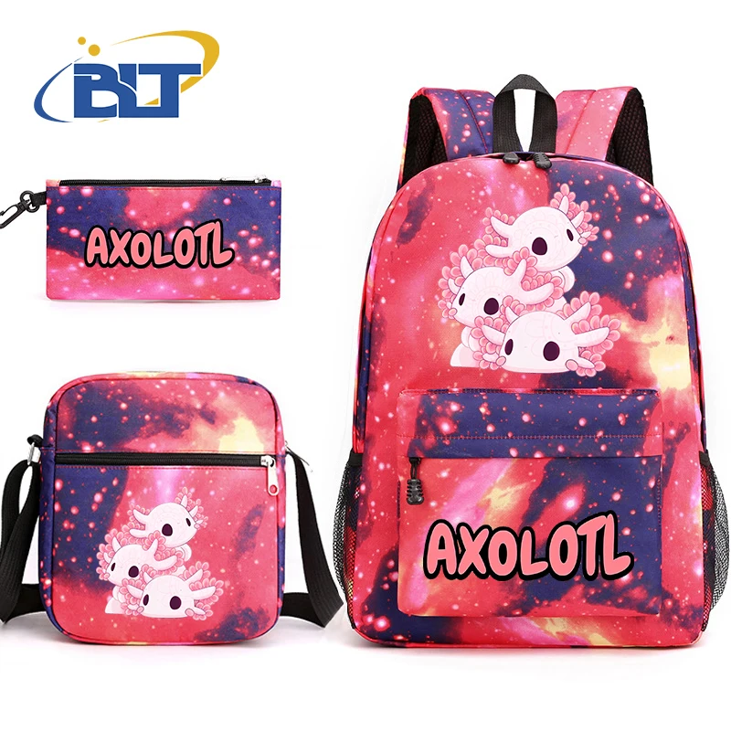 Axolotl-Bolso escolar estampado para niños, conjunto de 3 piezas, mochila para estudiantes, bolso de hombro, estuche para lápices, regalo escolar para niños