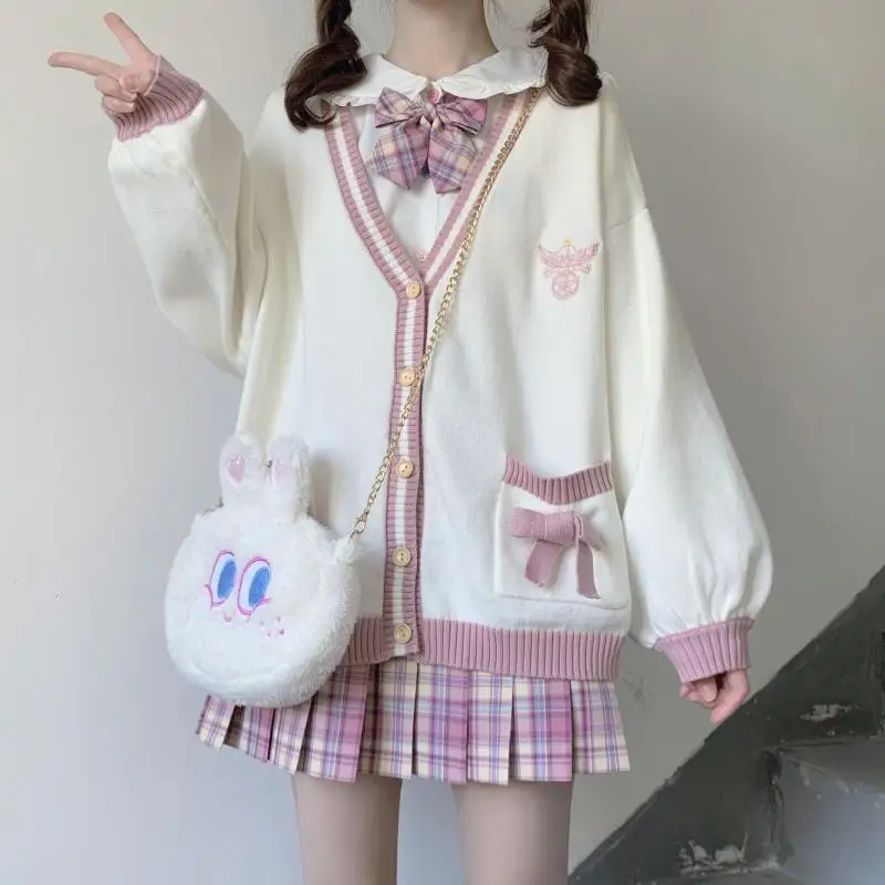 Japanese School Girl Sweater Cardigans Autumn Winter Korean Style Long Sleeve Embroidered Sweater Coat Japanese School Uniform