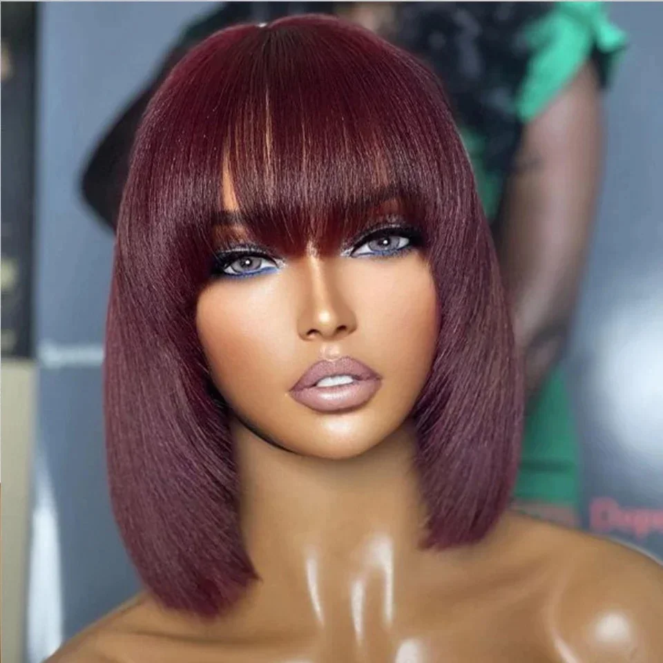 

99J 180% Density Straight Bob Human Hair Wig With Bangs Full Machine Made Wigs For Women Dark Burgundy Colored Short Bob Wigs