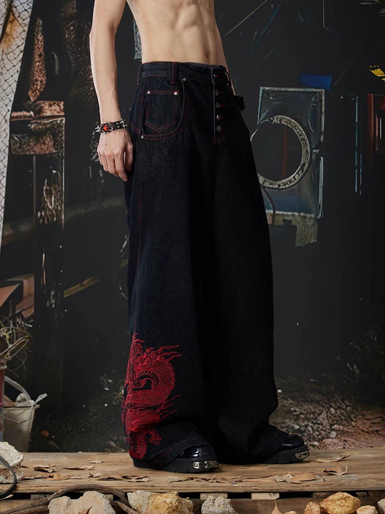 REDDACHiC Men's Baggy Denim Pants Punk Vintage Barrel Loose Fit Dragon Button Front Dragon Embroidered Jeans Hip Hop Streetwear
