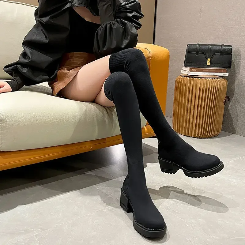 Black Elastic Knee High Shaft Shoes Woman Thigh Long Sock Boots for Women Above Over The Round Toe Spring Autumn 2024 New Trend