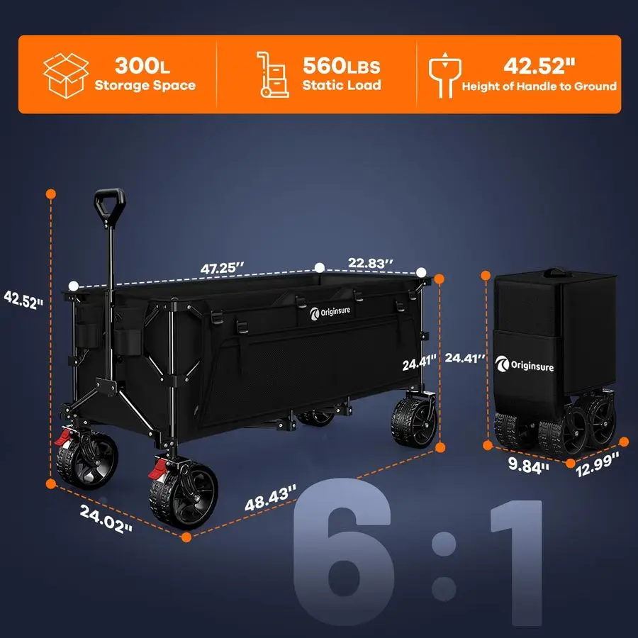 Wózek Składany L, Wytrzymały, Udźwig 250 kg, Pojemność 300L, Składane Wózki Plażowe z Dużymi Kołami Terenowymi, Uniwersalne