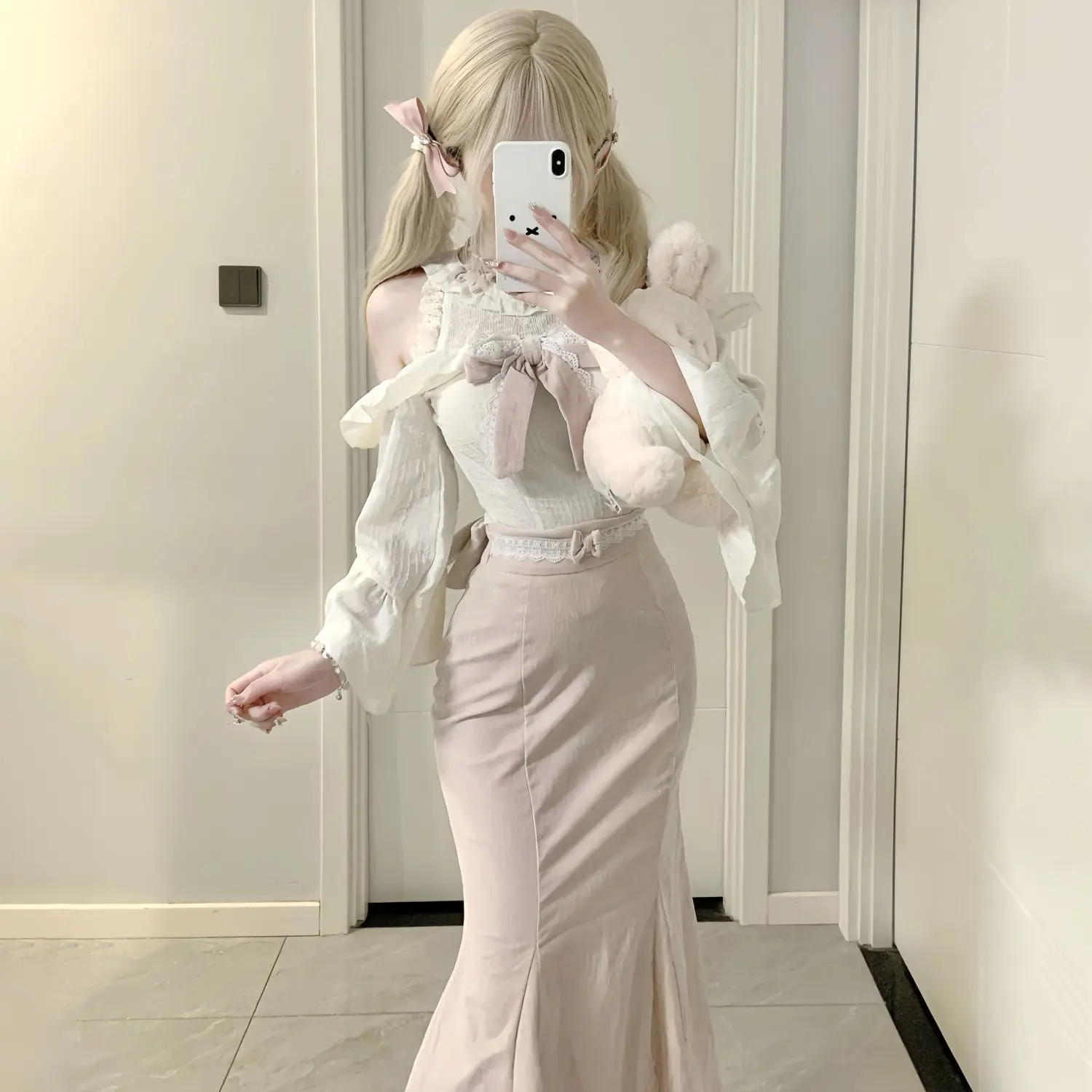 Japanese Sweet Lolita Style Skirt Set Women Cute Ruffles Bow Blouse Slim Tops Pink Party Midi Skirt Suit Chic Korean Y2k Outfits