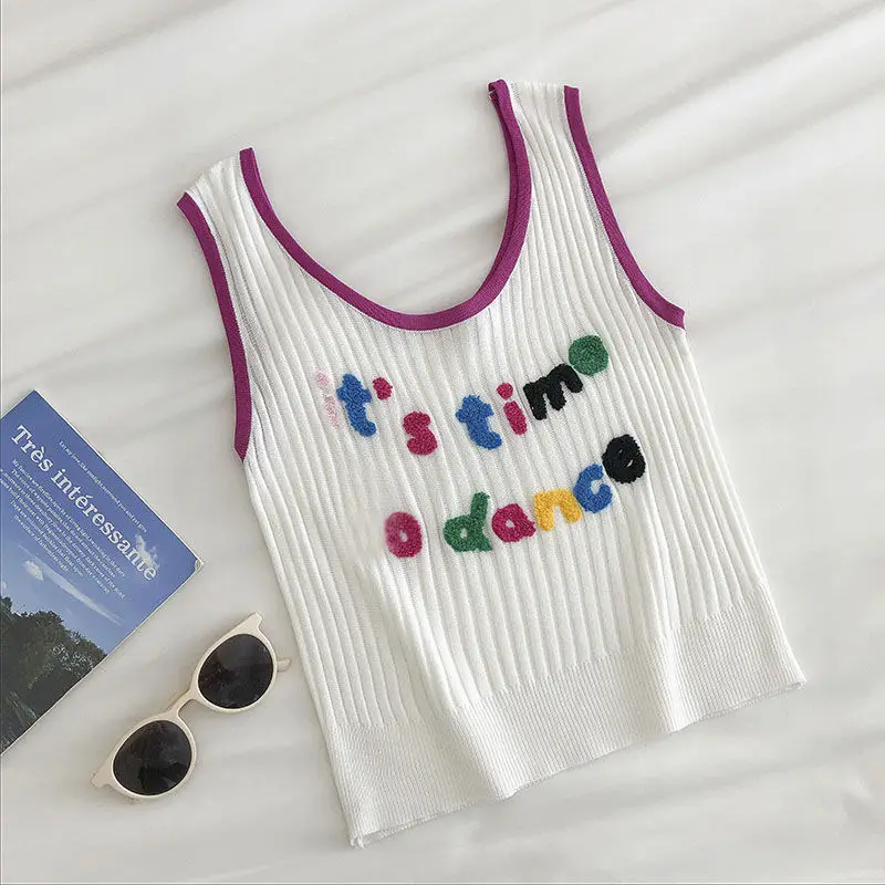 Ribbed Tank Top Crop Top Women\'s Short Cute Graphic Knit Kawaii T-Shirts Vest Summer Ladies Sleeveless Rainbow Letter Top Female