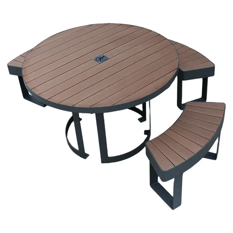 

-Outdoor commercial round wood disabled picnic table with benches garden furniture set dining table outside playground cafe tabl