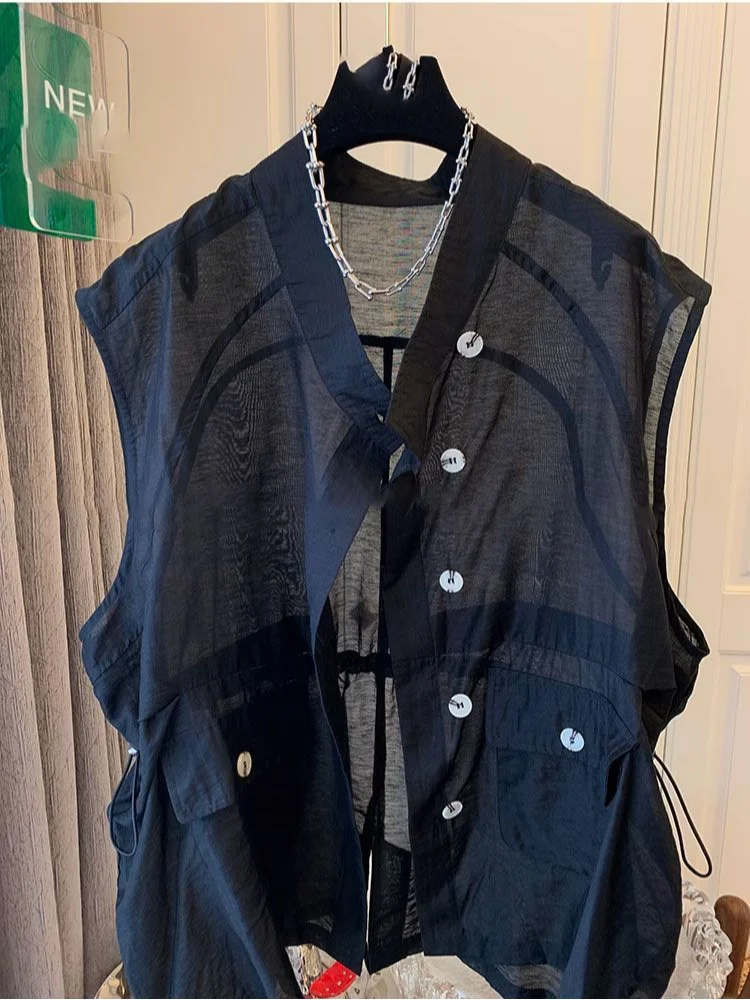 

Casual Vests Coats Women's Clothing Sleeveless Pockets Drawstring Summer Waistcoats Fashion See Through Tanks Tops Ropa Mujer