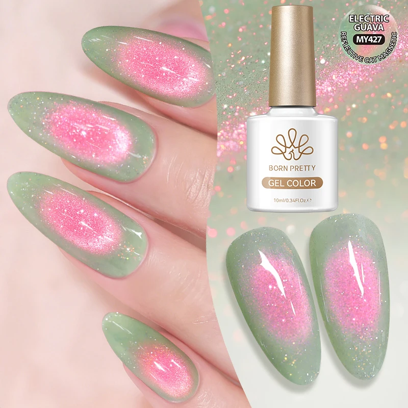 

BORN PRETTY 10ml Guava Green Pink Glitter Cat Magnetic Gel Ultra Shine Semi Permanent Soak Off UV Gel Nail Art Varnish