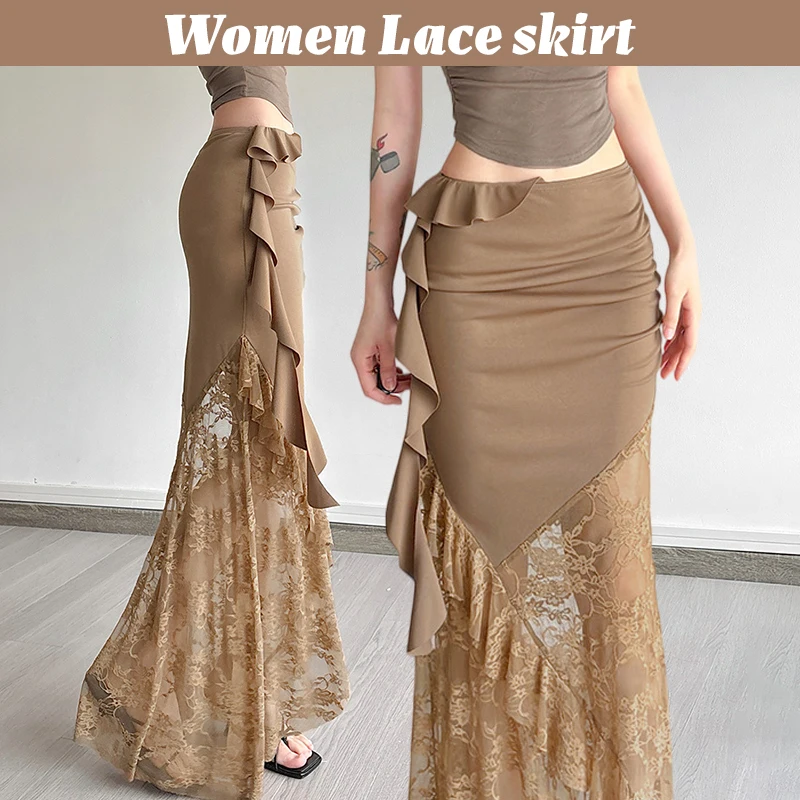 

Elegant Ruched Mesh Long Skirt for Women Elastic Waist Solid Tassel Ruffle Skirt Street Fashion Party Club Pencil Skirts