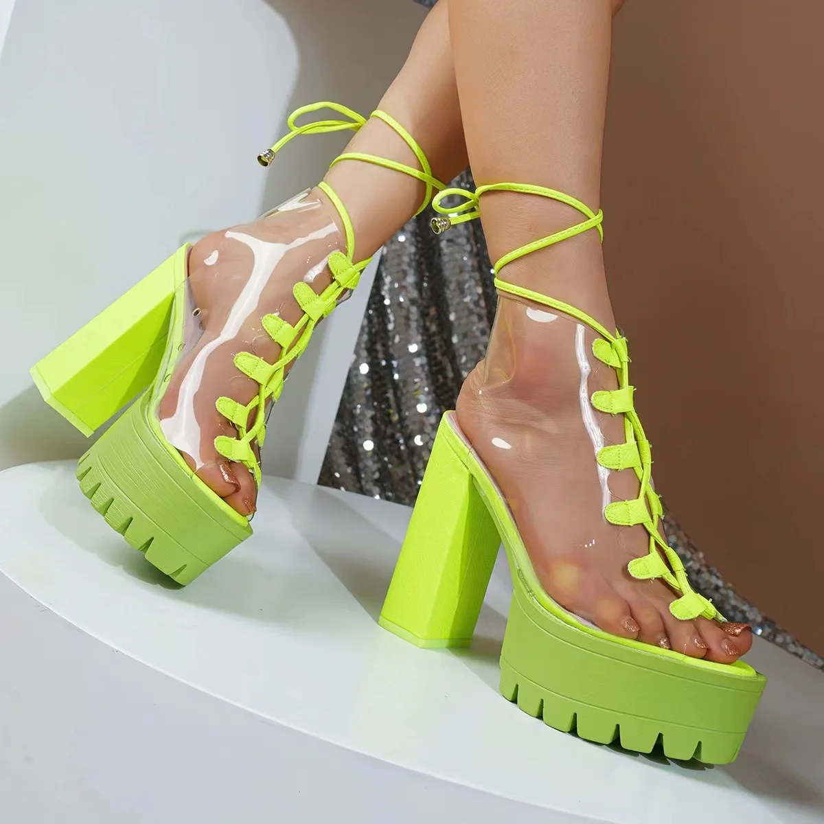 Ladies Candy Color Transparent Cross Strap Sandals Women Chunky Boots Ankle Wrap Block High Heel Shoes