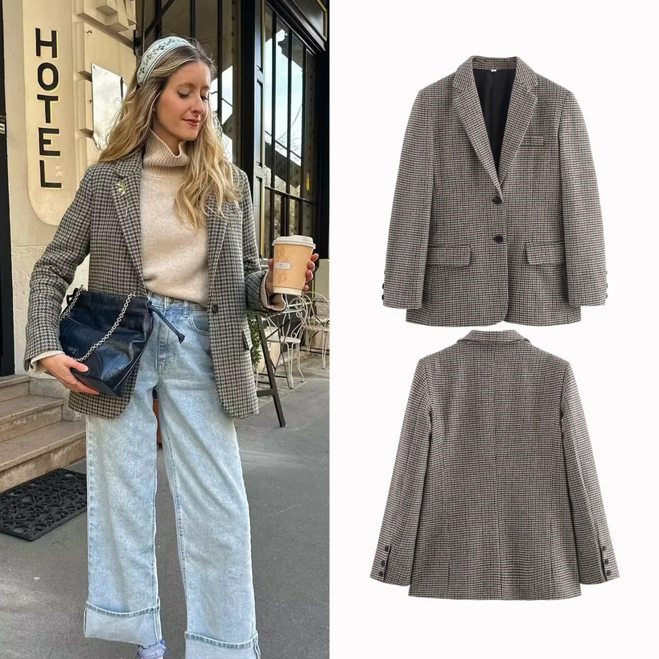 

Осень 2024, новое женское пальто с длинными рукавами и лацканами, женское модное уличное однобортное тонкое повседневное пальто в клетку «Тысяча птиц»