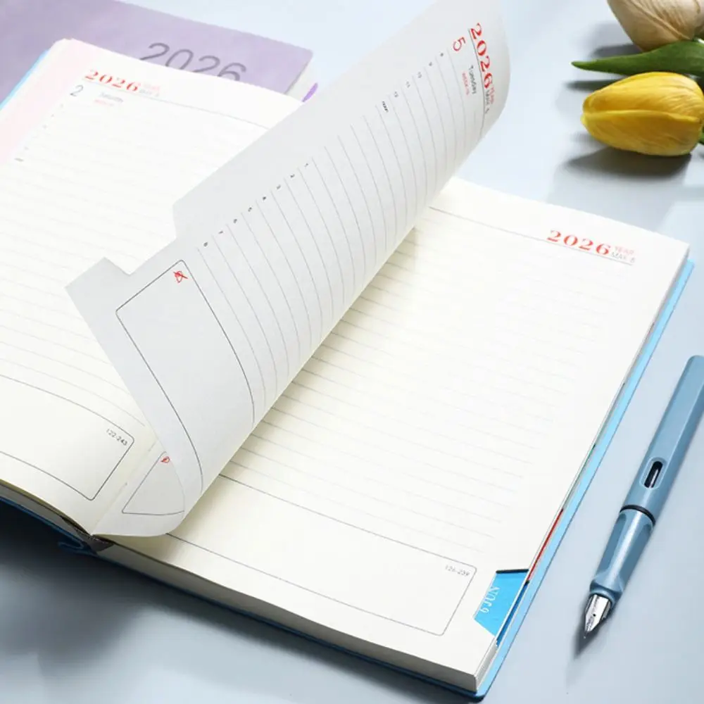 A5 2026 365-Day Schedule Notebook PU Leather Cover with Ribbon Bookmark Agenda Notebook Colorful Card Page Retrieval