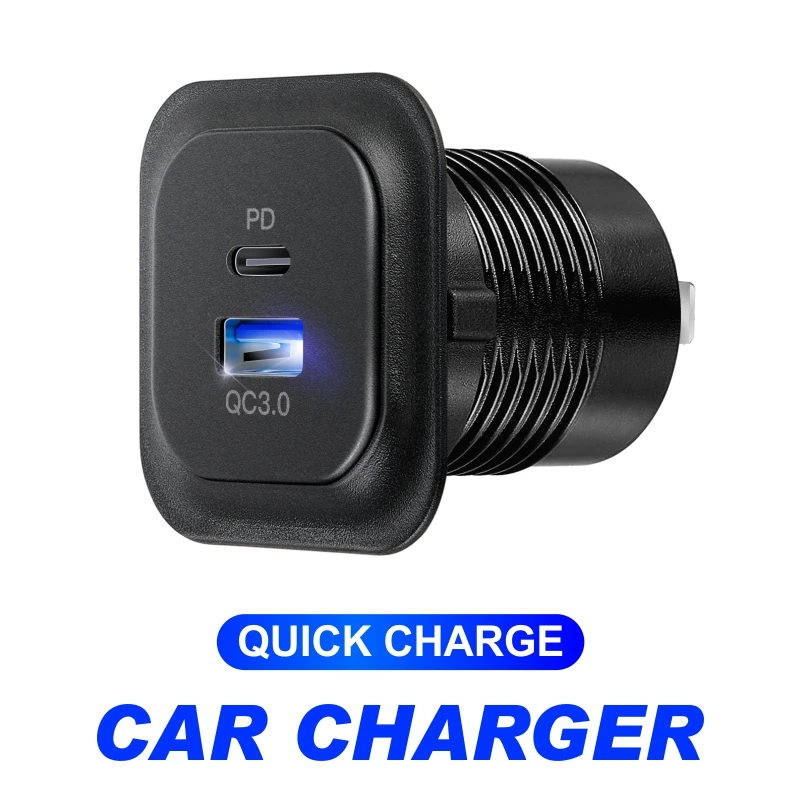 12V/24V Car USB Charger Socket PD Type C + QC 3.0 Power Outlet with LED Dual Ports Fast Charging for Motorcycle ATV RV
