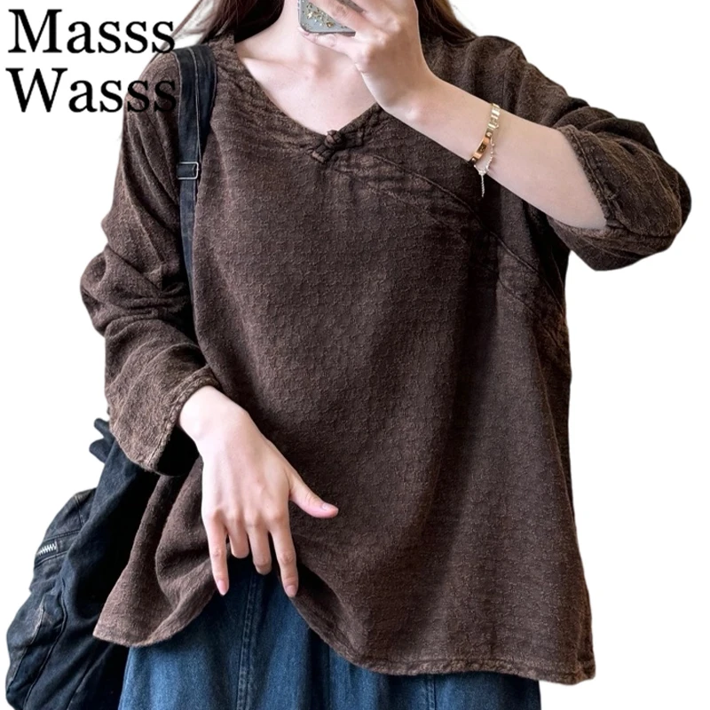 Masss Wasss Chinese 2025 Fall Females Classic Loose V Neck T-shirts Womens Vintage Plaid Leisure Tops Fashion Soild Long Clothes