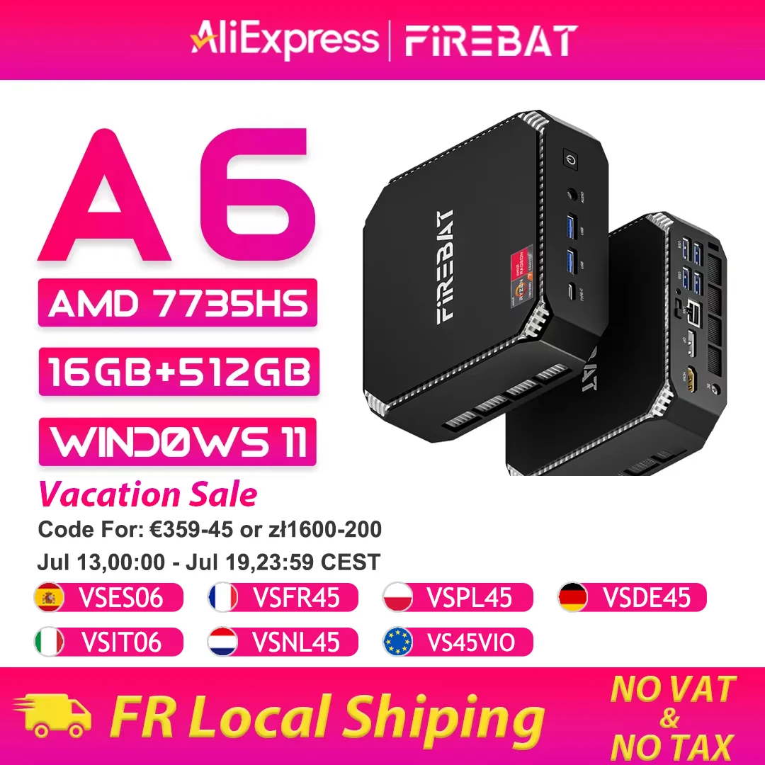 Mini PC FIREBAT A6 con AMD Ryzen 7 7735HS, 16GB de RAM DDR5, 512GB SSD, WIFI6, BT5.2, Windows 11, Computadora de Escritorio Portátil para Juegos
