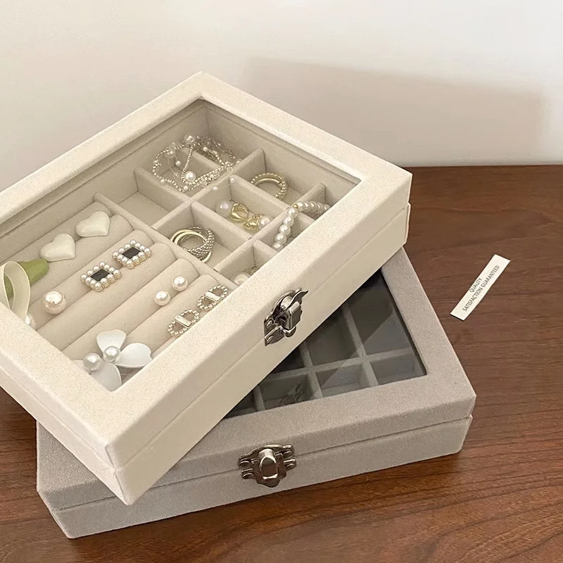 2Pcs Transparent Velvet Jewelry Storage Box with Lock Necklace Earrings Organizer Holder Display Box for Jewelry Classification