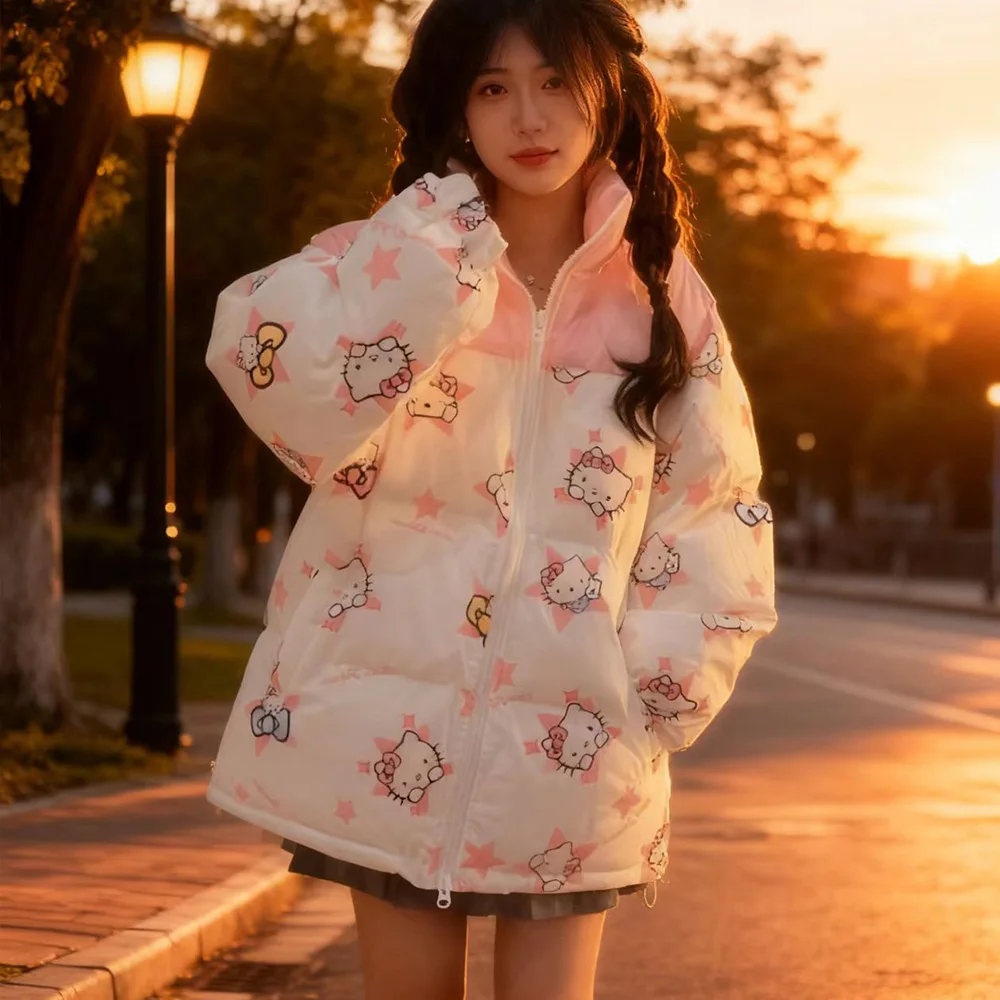 Hello Kitty Woman's Cotton-Padded Jacket Cute Full Print Color Blocked Coat Y2K Winter Jacket Bread Clothes Loose Cotton Clothes