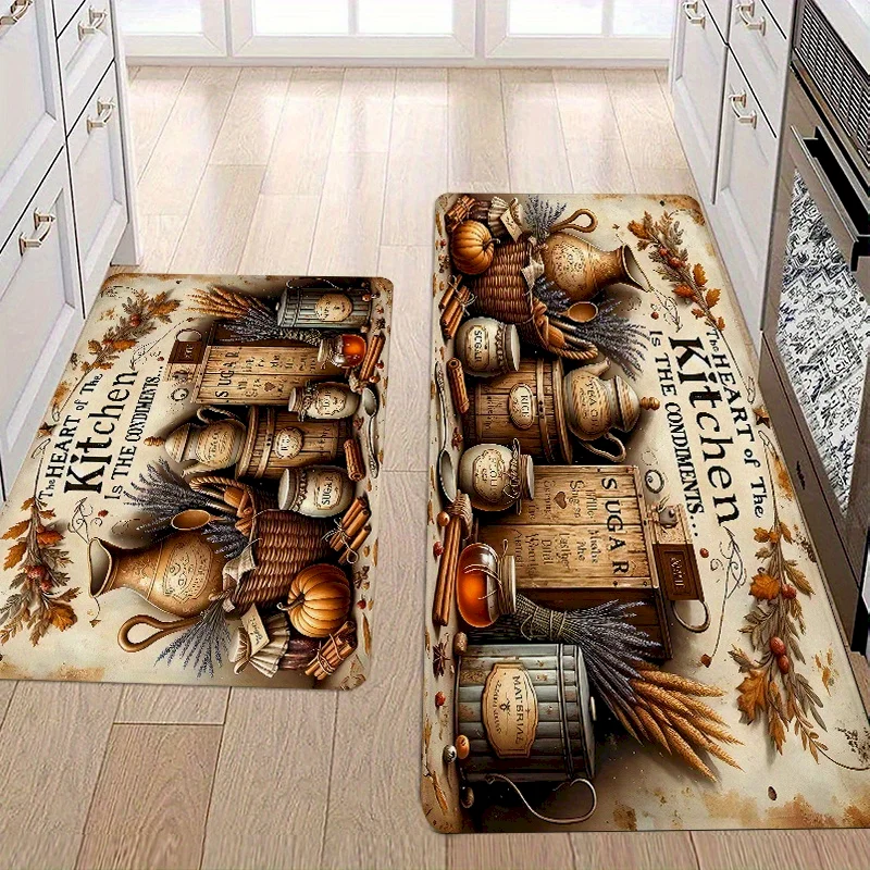 VIKAMA Retro Kitchen Carpet Anti oil Flow Channel Floor Mat, Multi entrance Anti slip Water absorbing Carpet, Home Decoration