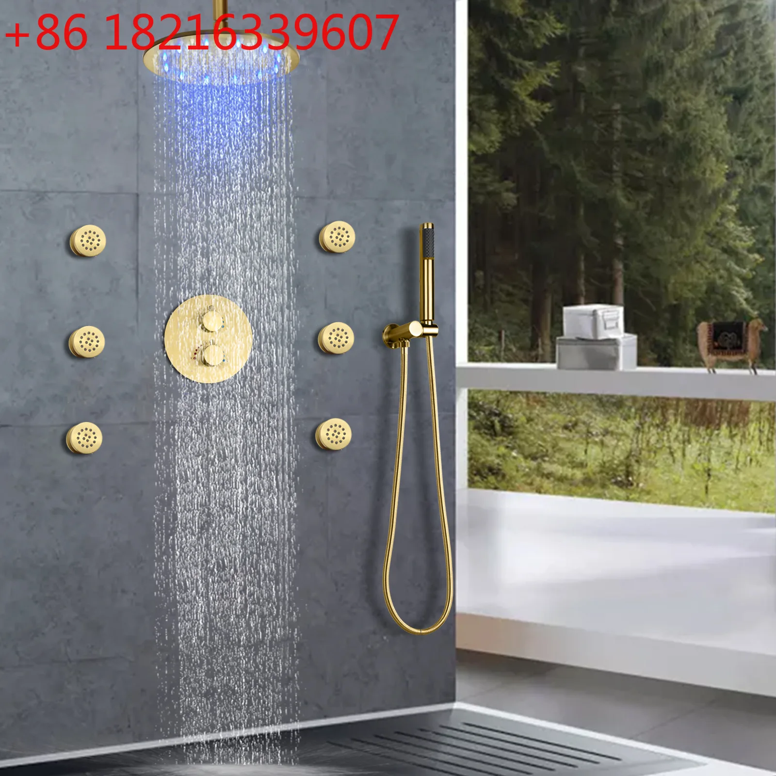 Ceiling ceiling brushed gold concealed 250 * 250mm LED shower set Bathroom thermostatic massage shower full set