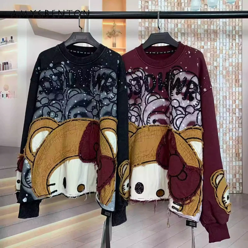 

Fashion Autumn Heavy Embroidery Full Print Cartoon Sweatshirt Age-Reducing Loose Fit Oversized Jacket Fashion O-Neck Hoodies Top