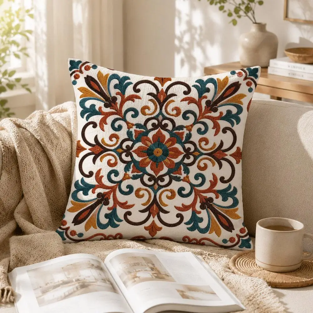 Royal Arabesque Bloom Cushion Cover Linen Pillow Cover 40x40cm Decorative Cushion Case Boho Home Sofa Decor Gift