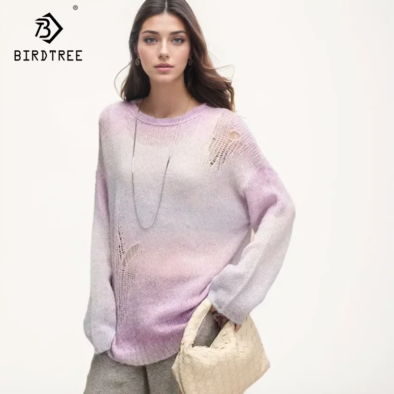 Birdtree, Alpaca Wool, Pullovers For Women, O-Neck, Gradient Frayed, Casual Loose Sweaters, 2024 Autumn Winter Tops T49426QM